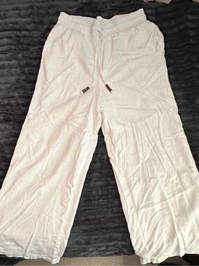Marled White Wide-Leg Drawstring Pants